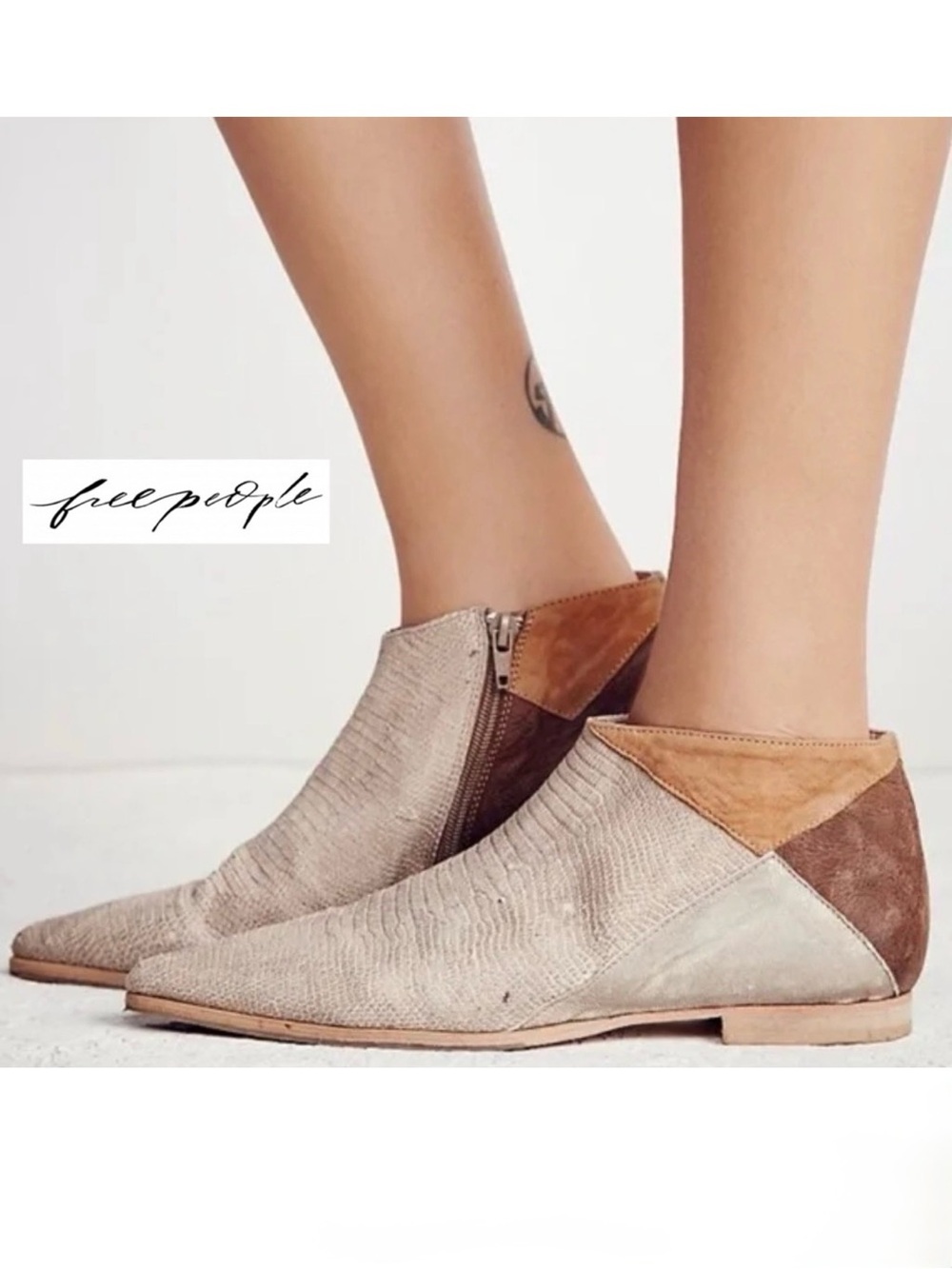 Free People Desert Rider Ankle Boots 38 US 8 Two Tone Bootie Snake Embossed Boho